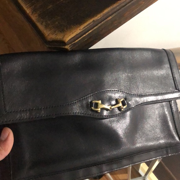 LARGE Rare Vintage Gimbels Black Leather Horsebit Clutch - Picture 12 of 14